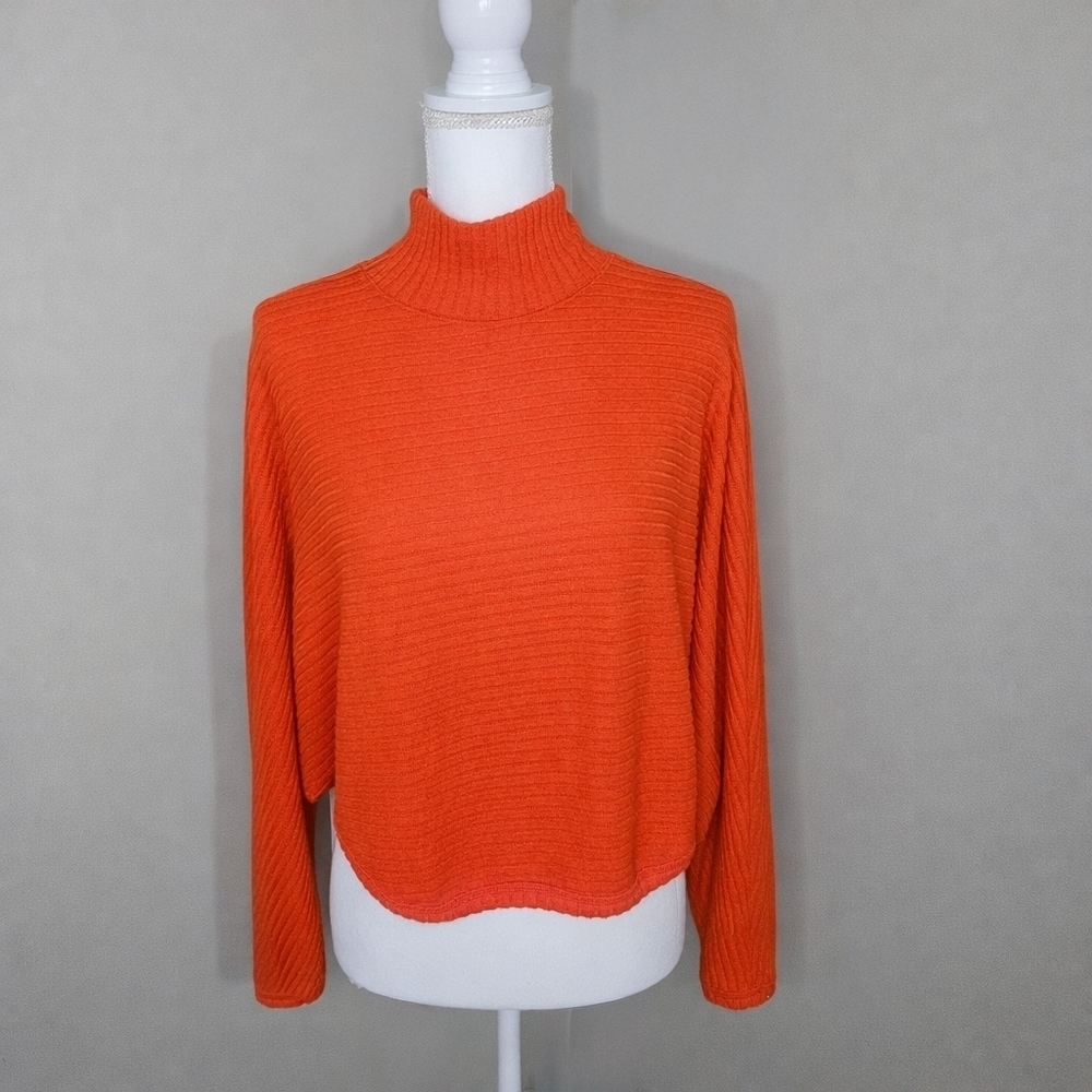 Pilcro Anthropologie Orange Ribbed Batwing Mock Neck Turtleneck Cropped Sweater